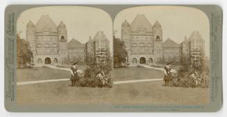 Pictures show a girl looking at a flower bed in a lawn in front of a huge Richardsonian Romanes ...