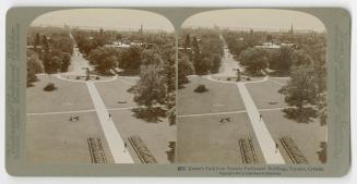 Pictures show a path in a park leading up to a wide, tree lined street.