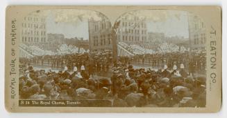 Pictures show a crowd watching a large choir outside a Richardsonian Romanesque building.