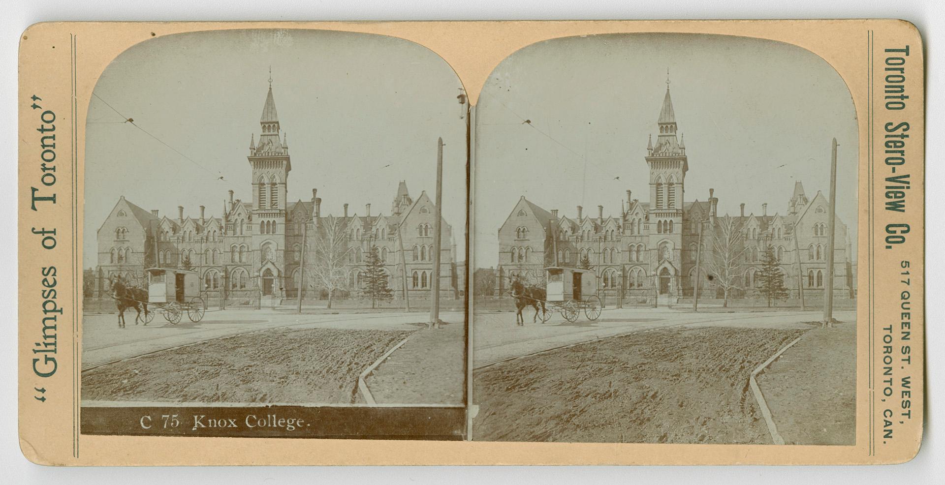 Pictures show a horse and wagon on a road in front of a large gothic building with a central to ...