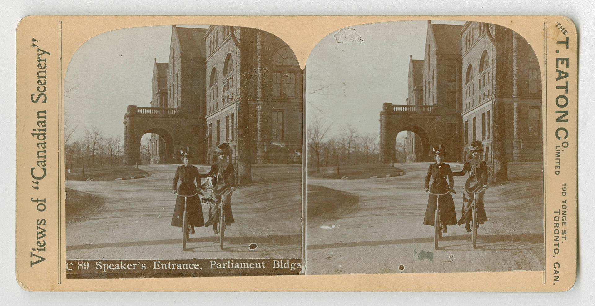 Pictures show two women on bicycles on a path in front of a covered entrance of a very large Ri ...