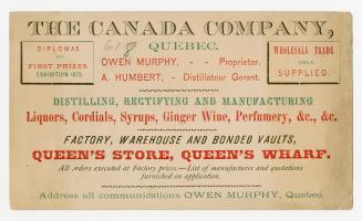 Colour trade card containing text, &quot;THE CANADA COMPANY, QUEBEC. Diplomas and First Prizes, ...