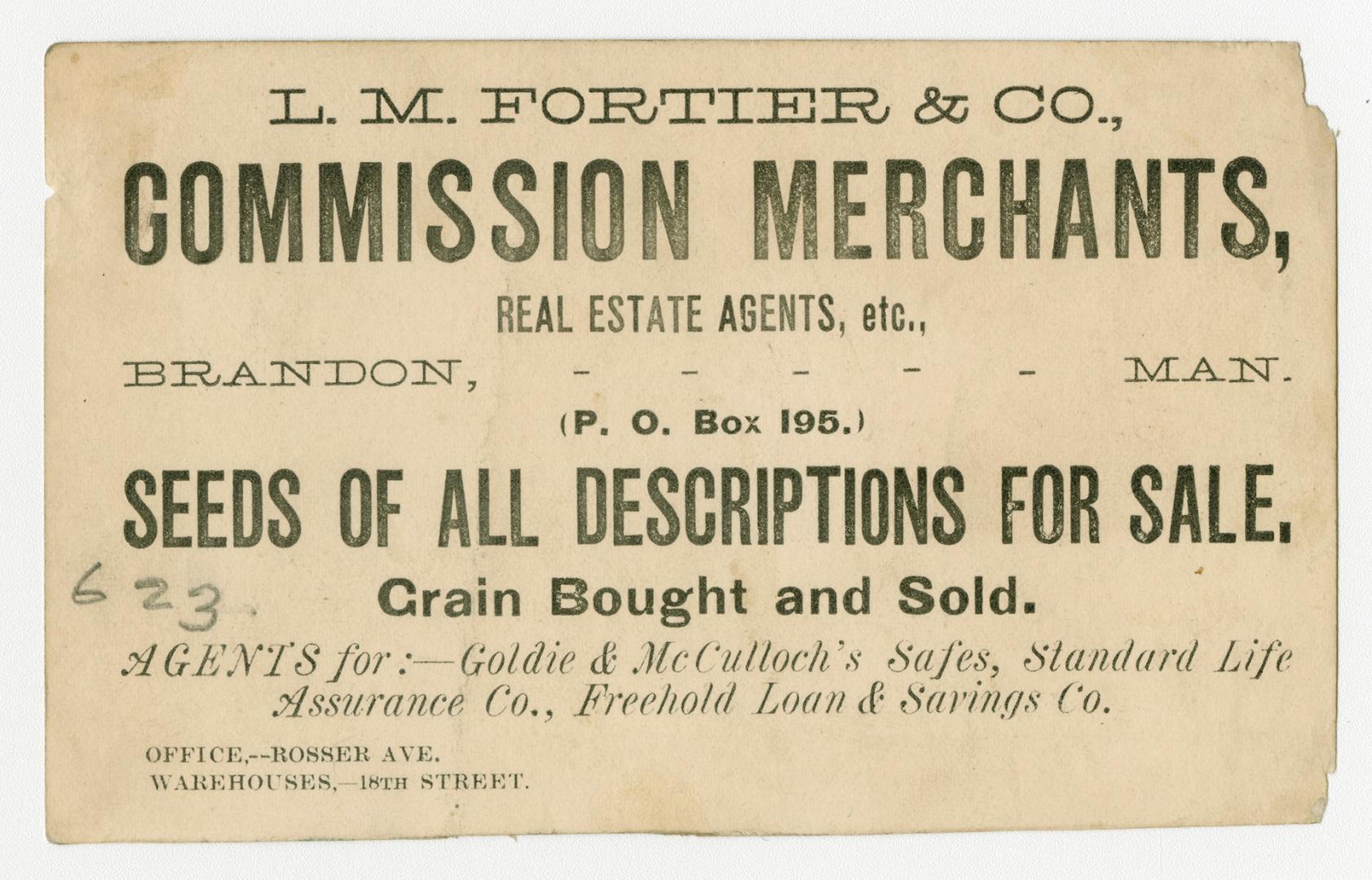 Black and white trade card containing text that states &quot; L.M. Fortier &amp; Co., Commissio ...