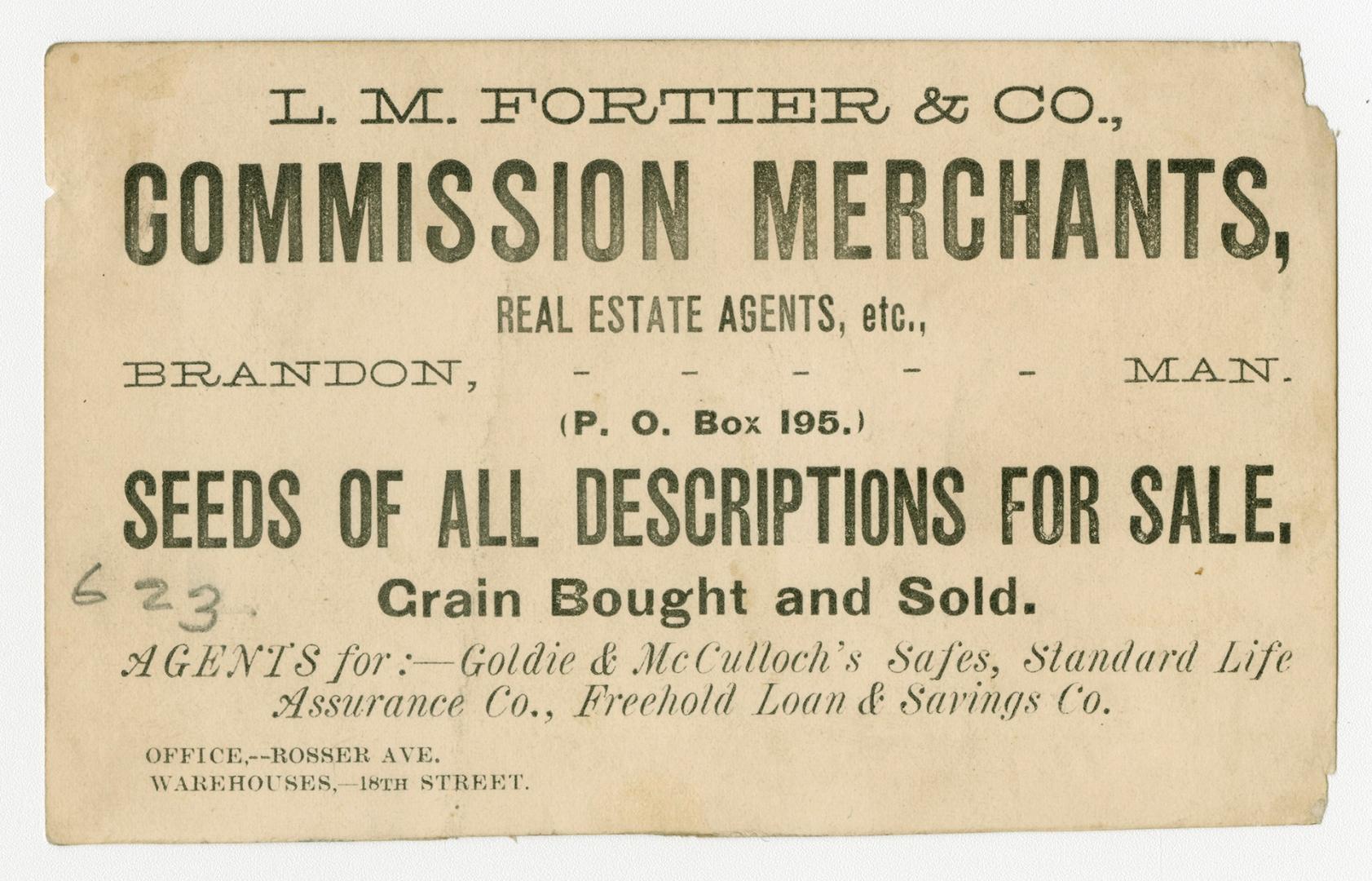 Black and white trade card containing text that states " L.M. Fortier &amp; Co., Commissio…