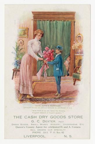 Colour trade card depicting an illustration of a young man handing a bouquet of flowers to a la ...