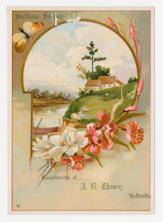 Colour trade card depicting an image of a home on the shore of a river, with text that states,  ...