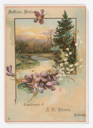 Colour trade card depicting an image of a river, and purple flowers, with text that states, &qu ...