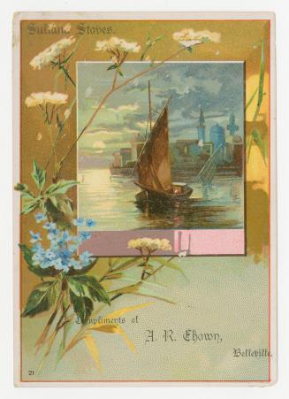 Colour trade card depicting a sailboat on a city lake, with text that states, &quot;Sultana Sto ...