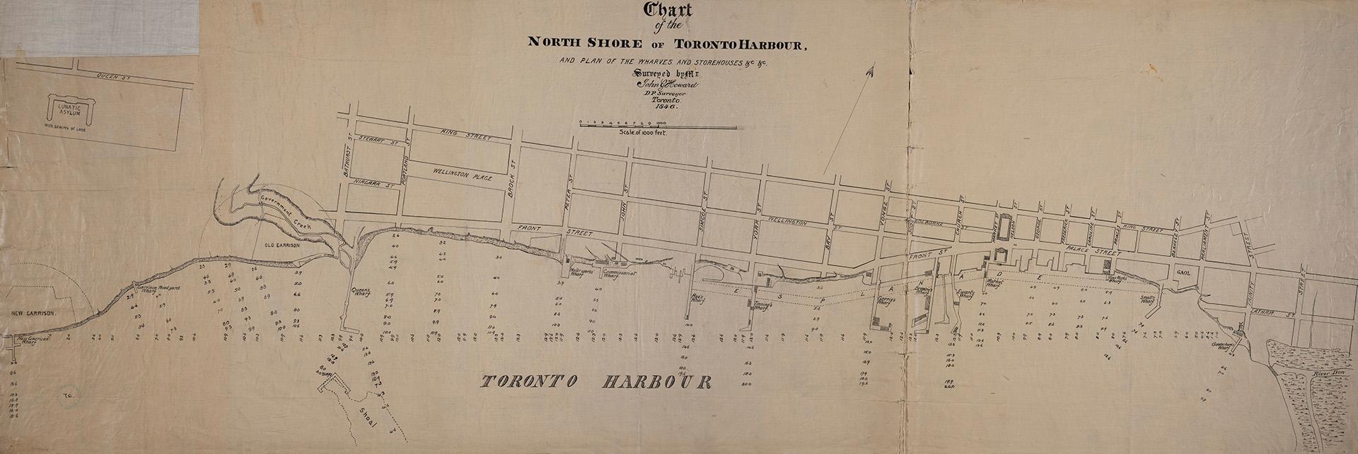 1846 map of the north shore of Toronto Harbour showing wharves and storehouses

