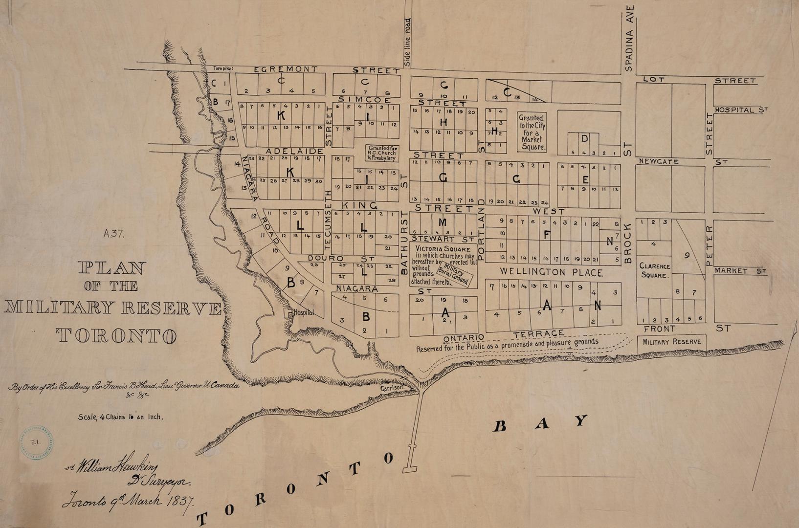 1837 Plan of the military reserve, Toronto showing some properties and names of some land owner ...