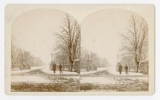 Pictures show two people standing at an entrance to a park in the wintertime.
