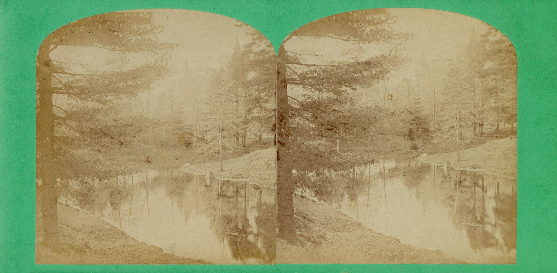 Pictures show a narrow body of water running through a wooded rea with a large gothic building …