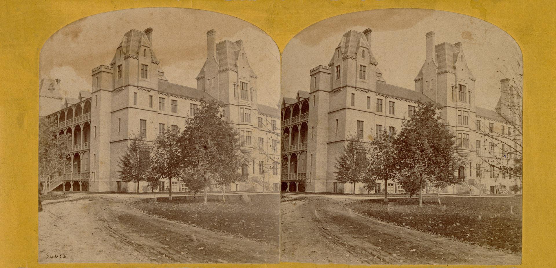 Pictures show a three story public building with many balconies.