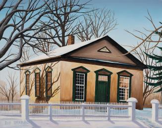A painting of a one-story church, with a white picket fence in front of it. It is winter, and t ...
