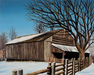 A painting of a barn in winter, with snow on the ground and a small amount of snow on the roof  ...