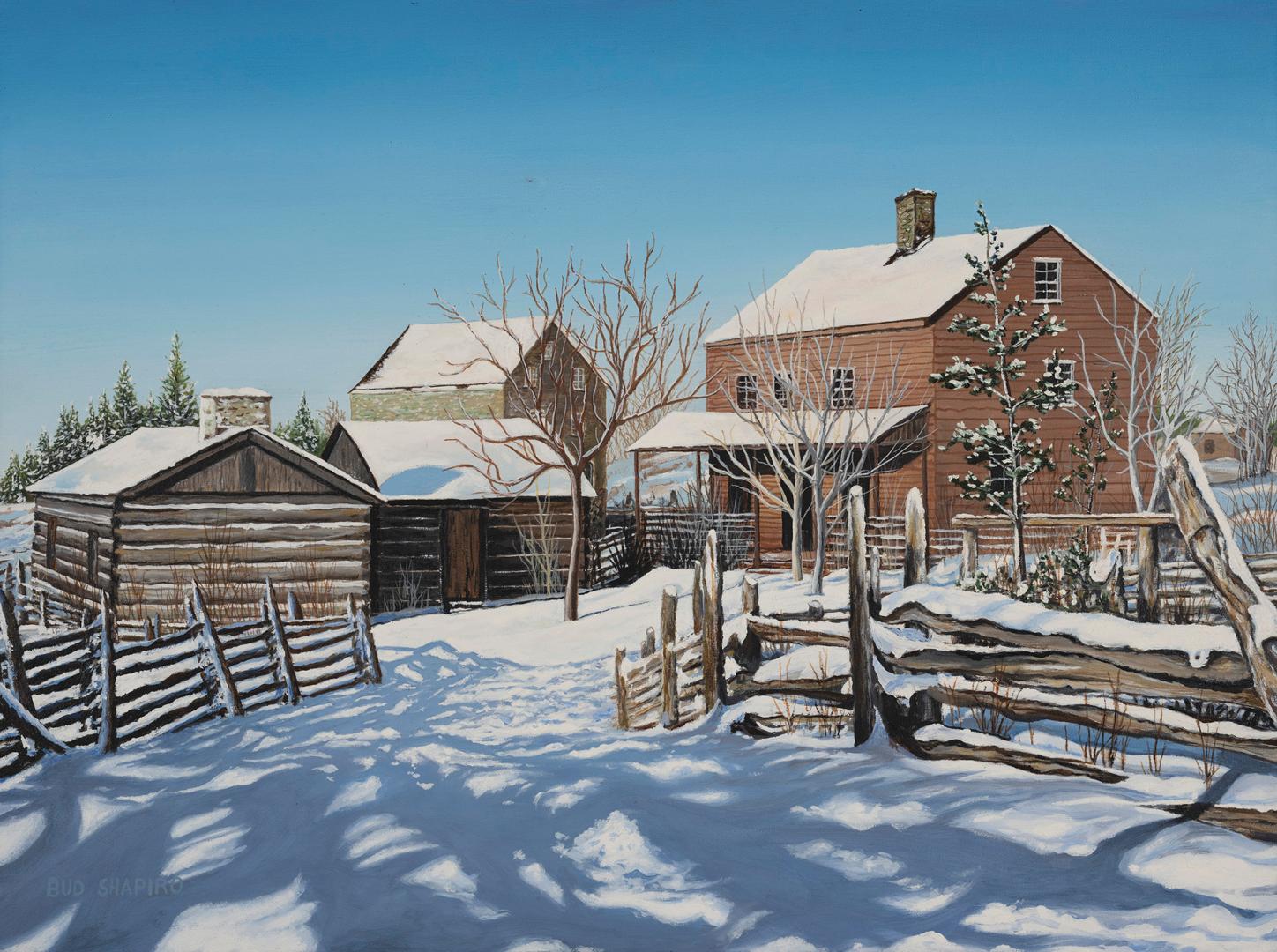 A painting of a group of two houses and two small sheds in winter. There is snow on the ground  ...