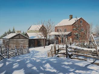 A painting of a group of two houses and two small sheds in winter. There is snow on the ground  ...