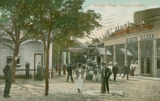 Picture of people walking around at an amusement park with trees in foreground and roller coast ...