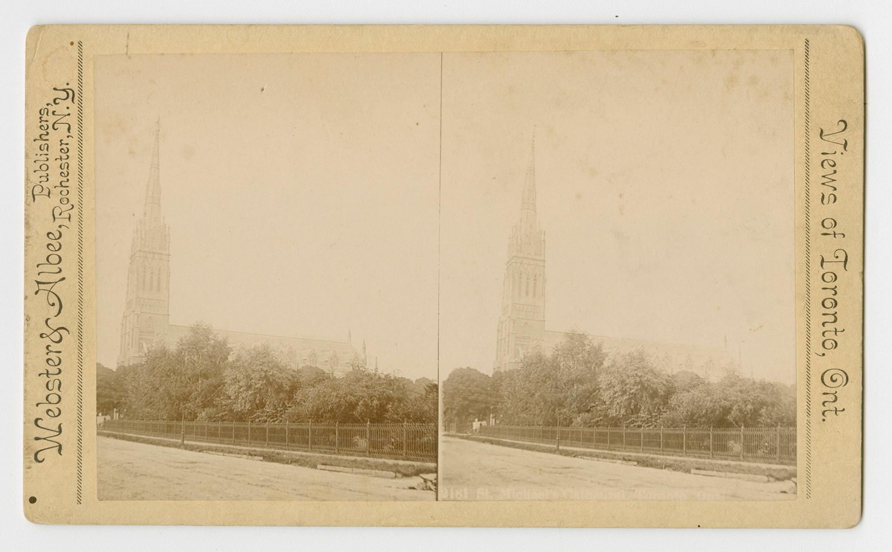 Pictures show the steeple of a large church building with trees and a road in front of it.