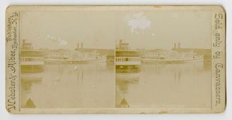 Pictures show a ferry boat and a steam boat docked in a harbor.