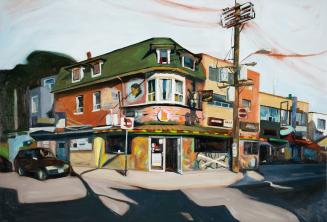 A painting of a three story row of stores and residential apartments located at an intersection…