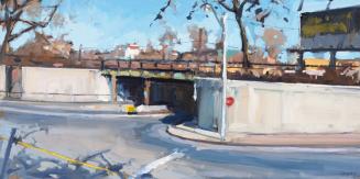 A painting of an intersection of roads and an underpass. There is a stop sign attached to a tel ...