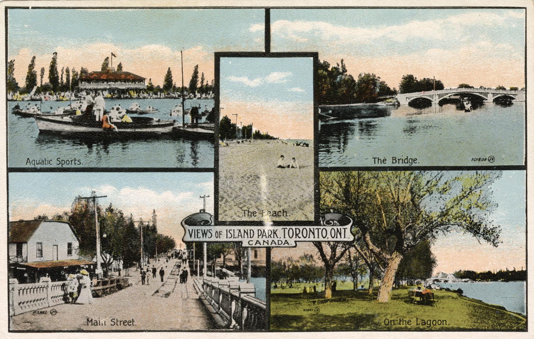 Five views of the island park including main street, boats at the yacht club, the bridge and pa ...