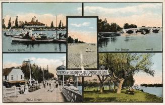 Five views of the island park including main street, boats at the yacht club, the bridge and pa ...