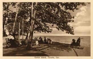 Picture of several people seated at a beach under large trees. 