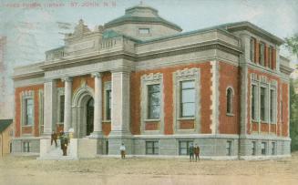 Picture of large public library with pillars at front door and dome on roof and several people  ...