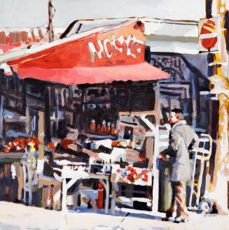 A painting of a person wearing a fall or winter coat walking in front of a produce stand. There ...