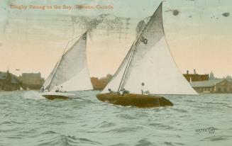 Colorized photograph of two sailboats racing on choppy water.