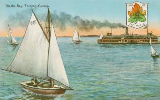 Colorized photograph of several sailboats and a ferry on the waters of a lake.