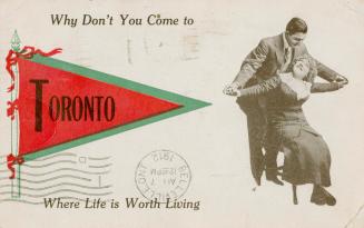 Red "Toronto" pennant and a black and white picture of a man and seated woman holding hands.
