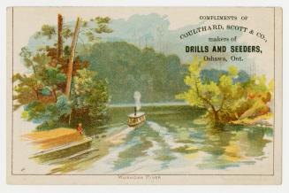 Colour card advertisement depicting an illustration of the Muskoka River with two boats. The ba ...