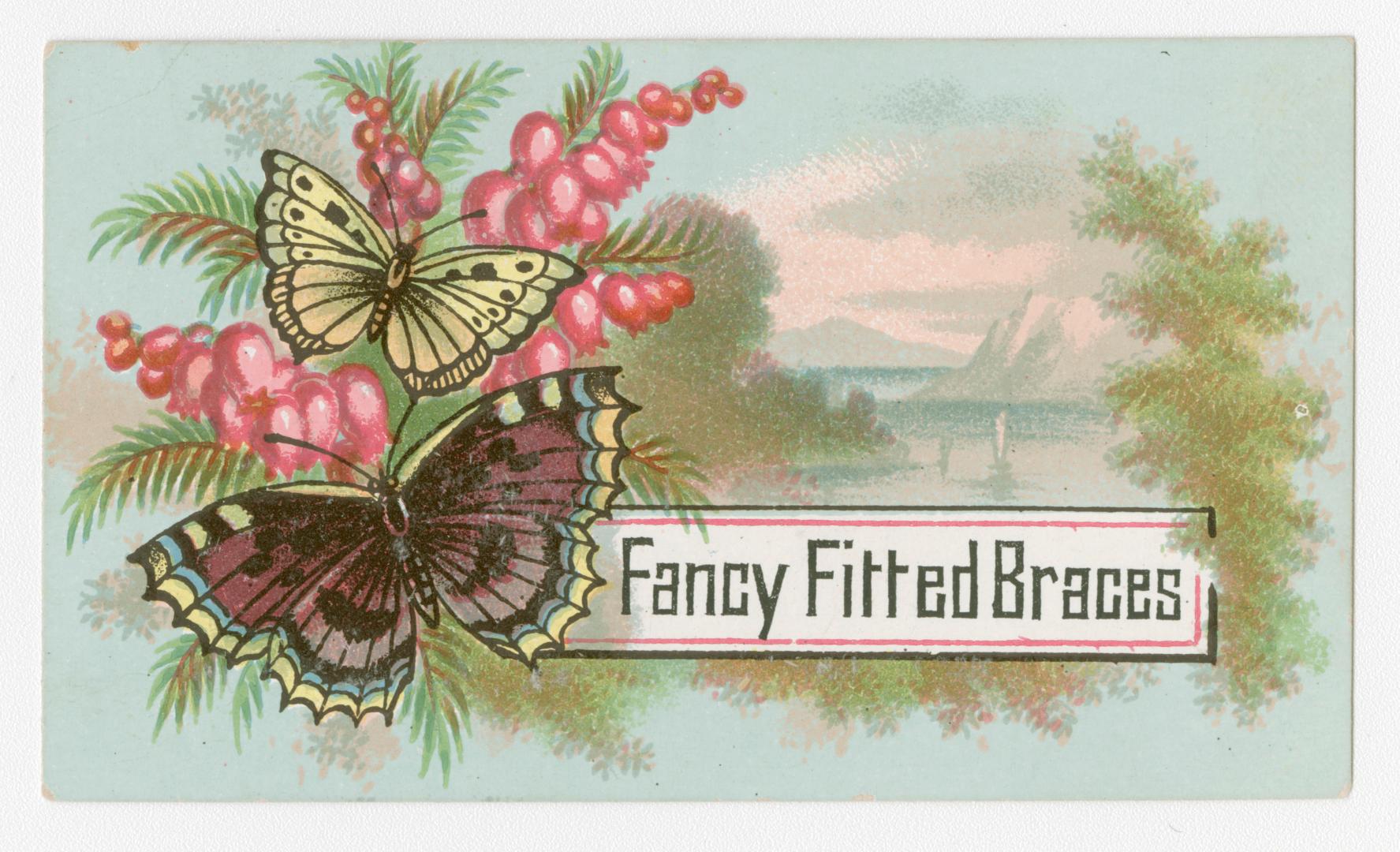 Colour trade card depicting a nature illustration and two butterflies, with text "Fancy Fitted  ...