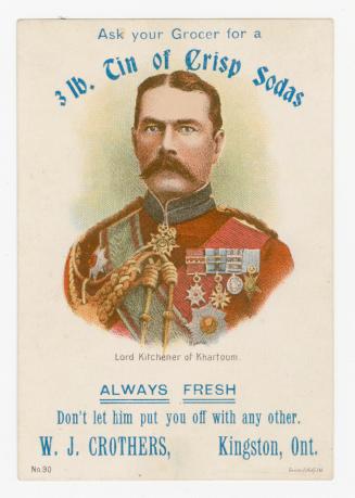 Colour card advertisement for "crisp sodas", depicting an illustration of Lord Kitchener of Kha ...