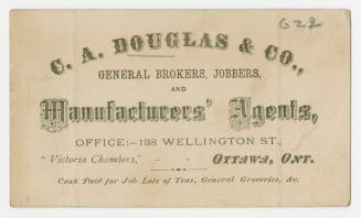 Large business card with text, "C.A. Douglas & Co., General Brokers, jobbers, and Manufacturers ...