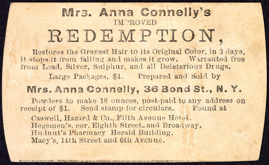 B/W text card advertisement for Mrs. Anna Conelly's REDEMPTION, "restores the Grayest Hair to i…
