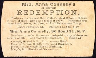 B/W text card advertisement for Mrs. Anna Conelly's REDEMPTION, "restores the Grayest Hair to i ...