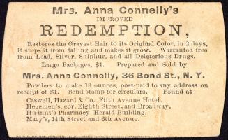 B/W text card advertisement for Mrs. Anna Conelly's REDEMPTION, "restores the Grayest Hair to i…