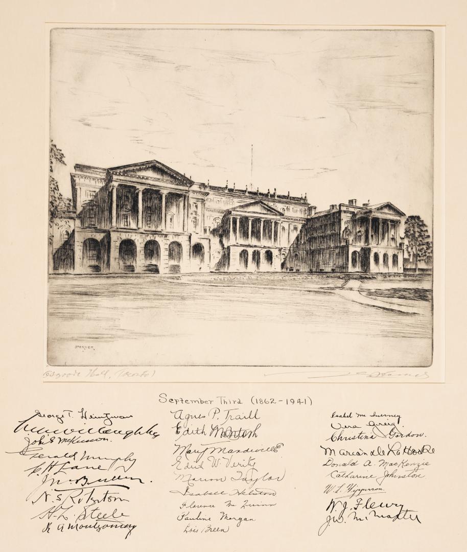 An etching of Osgoode Hall in Toronto, a large two and a half story building with arched entran ...