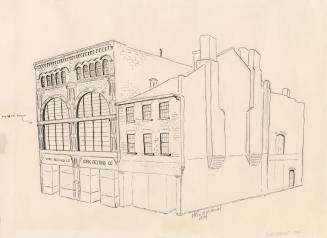 A pencil and ink drawing of building with three stories on the left side and two on the right. …