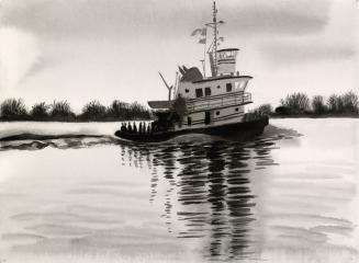 A painting of a tugboat sailing in a calm body of water. There are bushes and small trees visib ...