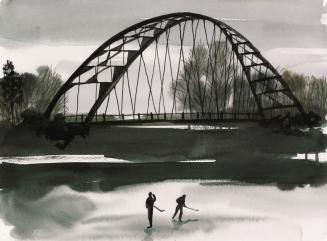 A painting of two people skating on ice in front of a pedestrian bridge spanning a river. There ...