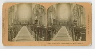 Pictures show the center aisle and pews of a large church