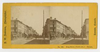 Pictures show horse drawn stagecoaches and wagons on a busy city street.