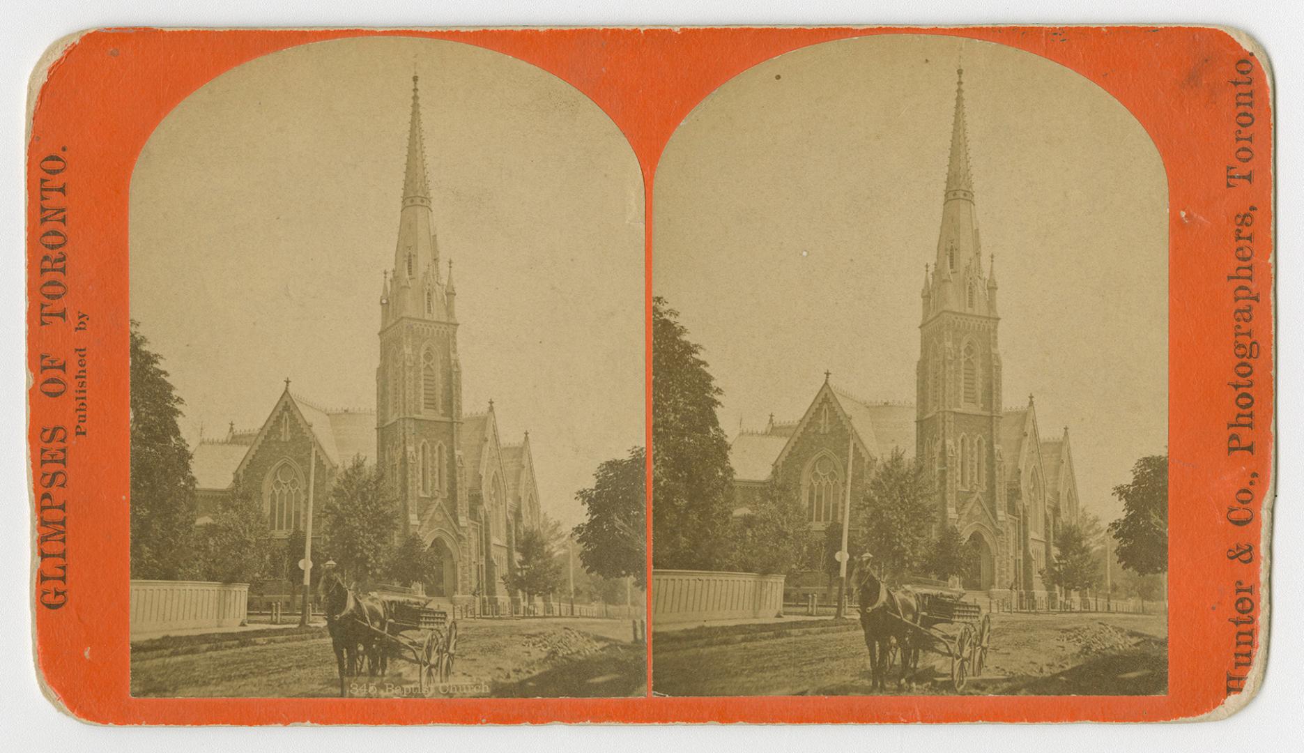 Pictures show a horse and cart on a road in front of a gothic revival style church with a tall  ...
