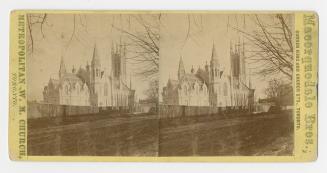 Pictures show the exterior of a large gothic church taken from the rear view.