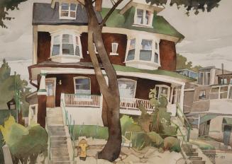 A painting of a three-story house, with a large tree and a fire hydrant in the front yard. Ther ...